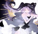  1girl armlet bare_shoulders black_bow black_headwear bow bracelet commentary denoia dress euryale_(fate) euryale_(third_ascension)_(fate) evil_smile fate/grand_order fate/hollow_ataraxia fate_(series) flower flower_ornament frilled_dress frilled_hairband frills hairband halo hand_on_own_arm hands_up headdress highres jewelry light_rays lolita_hairband long_hair looking_down open_mouth parted_bangs pink_eyes purple_hair sidelocks sleeveless sleeveless_dress smile solo thighlet twintails very_long_hair white_dress 