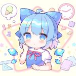  1girl ahoge blue_bow blue_dress blue_eyes blue_hair blush bow cirno clock closed_mouth coa_(chroo_x) detached_wings dress eraser fairy food hair_bow highres ice ice_cream ice_wings imagining ruler shirt short_hair short_sleeves solo touhou upper_body white_shirt wings 