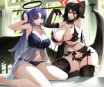  2girls absurdres alternate_breast_size armpits arms_up babydoll bare_legs black_bra black_gloves black_hair black_panties black_thighhighs black_wings blue_archive blush bow bow_bra bra breasts candy casul chocolate chocolate_on_face choker cleavage commentary elbow_gloves english_commentary feathered_wings food food_in_mouth food_on_body food_on_face garter_belt gloves hair_between_eyes halo hasumi_(blue_archive) heart heart-shaped_chocolate highres huge_breasts indoors lace lace-trimmed_bra lace-trimmed_panties lace_trim large_breasts large_wings lingerie long_hair looking_at_viewer low_wings mixed-language_commentary mole mole_under_eye mouth_hold multiple_girls navel one_side_up panties purple_bra purple_eyes purple_hair purple_panties red_eyes side-tie_panties smile string_bra string_panties thighhighs underwear underwear_only very_long_hair window wings yuuka_(blue_archive) 
