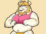  2023 absurd_res anthro arm_hair asgore_dreemurr barazoku beard bedroom_eyes belly big_belly big_muscles blep blush body_hair boss_monster bovid bulge caprine clothed clothing crown eyebrows facial_hair fur goat hair happy_trail headgear hi_res horn janjauwu looking_at_viewer male mammal musclegut muscular muscular_anthro muscular_male narrowed_eyes navel overweight overweight_anthro overweight_male pecs pubes raised_clothing raised_shirt raised_tank_top raised_topwear seductive shirt simple_background smile solo standing tan_background tank_top thong tongue tongue_out topwear tuft undertale undertale_(series) underwear 