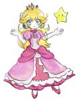  1girl absurdres blonde_hair blue_eyes blue_gemstone chest_jewel collared_dress commentary_request crown dress earrings elbow_gloves eyelashes frilled_dress frills full_body gem gloves gold_headwear high_heels highres jewelry long_dress long_hair mario_(series) mini_crown open_mouth pink_dress princess princess_peach puffy_short_sleeves puffy_sleeves rakugaki_shitagari-ya red_footwear short_sleeves solo sphere_earrings star_(symbol) super_smash_bros. super_star_(mario) teeth upper_teeth_only white_background white_gloves 