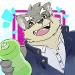  &lt;3 anthro bottle brown_eyes bust_portrait canid canine canis clothing container domestic_dog eyebrows fur grey_body grey_fur hi_res kansito1 lifewonders male mammal moritaka portrait scar school_uniform solo thick_eyebrows tokyo_afterschool_summoners uniform water_bottle 