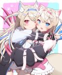  2girls :3 :d absurdres animal_ear_fluff animal_ears black_jacket blonde_hair blue_eyes blue_hair blue_nails blush breasts cropped_jacket cropped_shirt dog_ears dog_girl dog_tail dress fake_claws fur-trimmed_jacket fur_trim fuwawa_abyssgard hair_ornament hairpin highres hololive hololive_english hug jacket large_breasts mococo_abyssgard multicolored_hair multiple_girls nail_polish one_eye_closed open_mouth pink_eyes pink_hair short_shorts shorts siblings sisters small_breasts smile streaked_hair tail terumasa_(amanoy) twins v virtual_youtuber white_dress white_shorts x_hair_ornament 