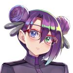  1girl access_(crossover_nexus) blue_eyes blue_hair crossover_nexus_project crossover_nexus_series glasses gradient_hair green_eyes hair_bun hair_ornament heterochromia highres isekai_monogatari_series military military_uniform multicolored_hair pointy_ears purple_hair short_hair solo uniform yasu_suupatenin 