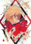  1boy black_hair blonde_hair blue_eyes flower high_collar highres jacket male_focus mole mole_under_eye portrait red_flower red_jacket retpa round_eyewear short_hair solo sunglasses trigun trigun_stampede twitter_username undercut vash_the_stampede 