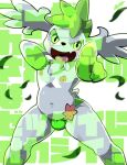  2022 anthro clothed clothing fangs fur generation_4_pokemon gesture green_body green_eyes green_fur half-closed_eyes hand_on_chest hi_res japanese_text leaf legendary_pokemon looking_at_viewer male moesouna_gomi narrowed_eyes navel nintendo nipples open_mouth pointing pointing_at_viewer pokemon pokemon_(species) shaymin simple_background sky_forme_shaymin smug solo tail teeth text tongue translation_request underwear underwear_only white_background white_body white_fur 