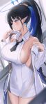  1girl bare_shoulders black_hair black_necktie blue_archive blue_eyes blue_hair blurry blush breasts covered_navel cowboy_shot depth_of_field dress earrings giga-tera glint hair_ornament hairclip halo high_ponytail highres jewelry lab_coat large_breasts long_hair multicolored_hair necktie parted_lips pointy_ears rin_(blue_archive) short_dress short_necktie solo streaked_hair very_long_hair white_dress wing_collar 