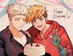  2boys black_hair blonde_hair blue_eyes brothers cake collarbone earrings english_commentary food fork hand_up happy_birthday holding holding_fork hood hood_down hoodie jewelry male_focus me1ji millions_knives mole mole_under_eye multiple_boys open_mouth pectoral_cleavage pectorals prosthesis prosthetic_arm red_hoodie short_hair siblings single_earring smile teeth trigun trigun_stampede undercut upper_body upper_teeth_only vash_the_stampede white_background 