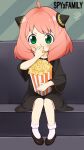  1girl anya_(spy_x_family) black_dress black_footwear child copyright_name couch dress eating food green_eyes hairpods high_heels highres hiragana_sherry holding holding_food pink_hair popcorn short_hair sitting socks solo spy_x_family white_socks 