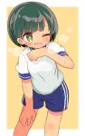  1girl blue_shorts braid brown_background commentary_request dohna_dohna_issho_ni_warui_koto_o_shiyou fang green_eyes green_hair gym_shirt gym_shorts gym_uniform hand_on_own_knee hand_up heavy_breathing highres leaning_forward mob_(dohna_dohna) naga_u one_eye_closed open_mouth puffy_short_sleeves puffy_sleeves shirt short_shorts short_sleeves shorts solo sweat two-tone_background white_background white_shirt 