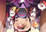  1girl 2boys black_headwear blonde_hair brown_eyes brown_hair candy chain claws commentary cowboy_shot disguise_(ragnarok_online) dress english_commentary food food_in_mouth full_moon glaring halloween halloween_bucket hamatsu hat jack-o&#039;-lantern lollipop looking_at_viewer lude_(ragnarok_online) mask masked moon multiple_boys open_mouth personification purple_sky quve_(ragnarok_online) ragnarok_online red_eyes red_scarf scarf short_hair sky smile star_(sky) starry_sky triangular_headpiece trick-or-treating white_dress witch_hat wrapped_candy 