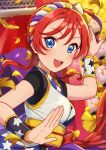  1girl absurdres autumn_leaves birthday blue_eyes breasts commentary falling_leaves hair_bun highres kyaku_tatsu leaf looking_at_viewer love_live! love_live!_superstar!! medium_breasts red_hair signature single_side_bun solo upper_body yoneme_mei 