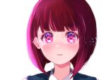  1girl arima_kana blunt_bangs blush bob_cut close-up commentary_request highres light_particles oshi_no_ko parted_lips partial_commentary pink_eyes red_hair shirt short_hair simple_background solo suguri_nojo white_background white_shirt 
