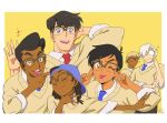  2023 3boys 3girls ;p arm_behind_head artist_name baseball_cap bespectacled black_hair blonde_hair blue_eyes braid brown-framed_eyewear brown_eyes carli_squitieri clark_kent clark_kent_(cosplay) closed_eyes cosplay dark-skinned_female dark-skinned_male dark_skin dated dc_comics earrings flip_johnson glasses hat jewelry jimmy_olsen leslie_willis lois_lane multiple_boys multiple_girls my_adventures_with_superman necktie official_art one_eye_closed open_mouth slade_wilson smile sparkle stud_earrings superman_(series) sweater tongue tongue_out twin_braids upper_body white_hair yellow_background 