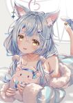  1girl absurdres ahoge animal_ear_fluff animal_ears barefoot bell blue_hair blush breasts cat_ears cat_girl cat_tail cleavage coat extra_ears fur-trimmed_coat fur_trim hair_ornament hairpin heart heart_ahoge highres hololive large_breasts lingmu looking_at_viewer multicolored_hair official_alternate_costume open_mouth pajamas pointy_ears polka_dot polka_dot_pajamas smile streaked_hair tail tail_bell tail_ornament virtual_youtuber white_coat yellow_eyes yukihana_lamy yukihana_lamy_(4th_costume) yukimin_(yukihana_lamy) 