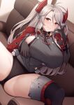  1girl absurdres azur_lane black_gloves black_panties black_thighhighs blush breasts closed_mouth commentary gloves grey_hair hair_between_eyes highres kannko_bokujou large_breasts long_hair long_sleeves looking_at_viewer mole mole_on_breast panties prinz_eugen_(azur_lane) red_eyes sideboob smile solo spread_legs thighhighs thighs underwear 