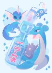  absurdres blue_background blue_theme bottle chinchou clip_studio_paint_(medium) commentary cryotters highres lapras no_humans open_mouth pokemon pokemon_(creature) ramune signature simple_background smile symbol-only_commentary vaporeon 