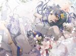  1girl belt black_hair blue_flower blue_footwear blue_hair bow bubble dress floating_hair flower hair_flower hair_ornament iwatnc long_sleeves looking_at_viewer multicolored_hair project_sekai shiraishi_an smile solo streaked_hair white_dress white_flower yellow_bow yellow_eyes yellow_flower 