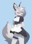  2023 absurd_res anthro b-epon blue_background canid canid_demon clothed clothing collar demon digital_media_(artwork) female fluffy fluffy_tail hair hellhound helluva_boss hi_res loona_(helluva_boss) maid_uniform mammal notched_ear red_sclera silver_hair simple_background solo spiked_collar spikes tail uniform 