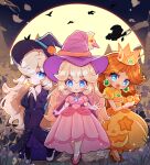  3girls absurdres blonde_hair blue_eyes brown_hair candy chibi crossover dress earrings food halloween halloween_costume hat high_heels highres holding holding_candy holding_food holding_wand jack-o&#039;-lantern jewelry kamek long_hair looking_at_viewer mario_(series) mario_kart mario_kart_tour moon multiple_girls mushroom_bread official_alternate_costume one_eye_closed open_mouth orange_dress pink_dress princess_daisy princess_peach princess_peach_(halloween) purple_dress rosalina rosalina_(halloween) star-shaped_pupils star_(symbol) symbol-shaped_pupils wand witch_hat 