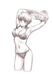  1girl arms_up bikini breasts cowboy_shot light_smile looking_at_viewer messy_hair s_kosukegawa sepia short_hair simple_background solo swimsuit undressing white_background wingman yume_aoi 