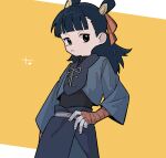  1boy bandaged_hand bandages black_eyes black_hair black_pants chinese_clothes closed_mouth double_bun hair_bun hair_ribbon highres long_hair looking_at_viewer luo_xiaohei_zhanji nezha_(the_legend_of_luoxiaohei) nploser pants red_bandage red_ribbon ribbon simple_background solo yellow_background 