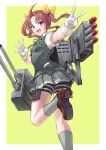  1girl absurdres adapted_turret ahoge bike_shorts brown_footwear brown_hair cannon collared_shirt commission dress_shirt feet_out_of_frame from_behind gloves green_ribbon grey_skirt grey_socks grey_vest hair_ribbon highres kagerou_(kancolle) kantai_collection loafers long_hair looking_at_viewer looking_back machinery neck_ribbon ooike_teru pleated_skirt purple_eyes ribbon running school_uniform shirt shoes short_sleeves shorts shorts_under_skirt skeb_commission skirt socks solo torpedo_launcher turret twintails vest white_gloves white_shirt yellow_ribbon 