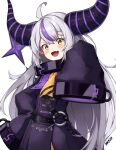  1girl :d ahoge black_coat black_horns braid braided_bangs coat collar commentary demon_horns double-parted_bangs english_commentary fang grey_hair hand_on_own_hip hao1190 highres hololive horns la+_darknesss la+_darknesss_(1st_costume) long_hair looking_at_viewer metal_collar multicolored_hair pointy_ears purple_coat purple_hair skin_fang sleeves_past_fingers sleeves_past_wrists smile smug solo streaked_hair striped_horns trench_coat v-shaped_eyebrows very_long_hair virtual_youtuber yellow_eyes 