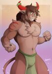  anthro bottomwear bovid bovine brown_body brown_fur brown_hair bulge clothing european_mythology facial_hair fur goatee greek_mythology green_eyes hair hi_res jewelry loincloth looking_at_viewer male mammal minotaur mythology simple_background solo spinal22 tattoo 