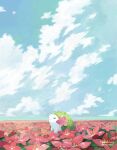  closed_mouth cloud commentary day field flower flower_field from_side highres looking_up mokuzou_(moku_ssbu) no_humans outdoors pink_flower pokemon pokemon_(creature) shaymin shaymin_(land) signature sky solo symbol-only_commentary 