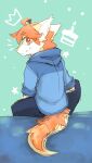  absurd_res anthro blue_bottomwear blue_clothing blue_hoodie blue_pants blue_topwear bottomwear clothed clothing dragon ears_back eyebrow_through_hair eyebrows fur furred_dragon glistening glistening_eyes hair hi_res hoodie kutto kuttoyaki looking_at_viewer male mouth_closed orange_eyebrows orange_eyes orange_hair pants pivoted_ears sitting solo topwear translucent translucent_hair white_body white_fur yellow_body yellow_fur 
