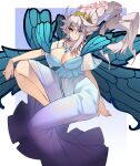  1girl absurdres blue_eyes blue_wings blush breasts butterfly_wings commission final_fantasy final_fantasy_xiv grey_hair hair_between_eyes highres jewelry large_breasts long_hair looking_at_viewer masao necklace pointy_ears skeb_commission smile solo titania_(final_fantasy) wings 