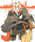  2021 5_fingers anthro arknights black_clothing canid canine canis cloak clothing costume domestic_dog fingers fur gloves hair handwear hi_res horn hung_(arknights) hypergryph long_hair looking_at_viewer male mammal necktie orange_hair orange_tail solo studio_montagne suit suitcase tail white_body white_fur white_hair yan200075 