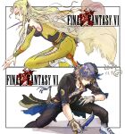  1boy 1girl bandana black_pants blonde_hair bykillt cape celes_chere detached_sleeves final_fantasy final_fantasy_vi locke_cole long_hair pants short_hair square_enix vest white_cape yellow_pants yellow_sleeves yellow_vest 