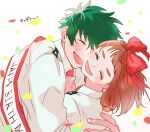  1boy 1girl birthday blush boku_no_hero_academia brown_hair closed_eyes confetti couple freckles green_eyes hair_ribbon happy happy_birthday hetero highres hug laughing messy_hair midoriya_izuku necktie open_mouth red_ribbon ribbon school_uniform short_hair simple_background smile uraraka_ochako white_background yachic00 