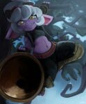  2023 absurd_res cannon cranihum female hair hi_res humanoid league_of_legends looking_at_viewer midriff navel not_furry purple_body ranged_weapon riot_games smile smiling_at_viewer solo tristana_(lol) weapon white_hair yellow_eyes yordle 