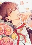  1boy absurdres blush brown_hair closed_mouth commentary ensemble_stars! finger_ribbon fingernails flower hand_up highres long_sleeves looking_at_viewer lying male_focus morisawa_chiaki official_alternate_costume petals pink_flower pink_ribbon red_eyes ribbon rose short_hair smile solo t_238_t yellow_flower yellow_rose 