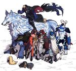  2girls 3boys animal animalization black_cloak black_hair blindfold blue_hair bracelet capelet child cloak closed_eyes cu_chulainn_(fate) cu_chulainn_(prisma_illya) dog fate/grand_order fate_(series) full_body fur-trimmed_capelet fur_trim german_shepherd golden_retriever grey_kimono headless hessian_(fate) holding holding_animal holding_dog hood hood_down hooded_capelet japanese_clothes jewelry kimono kyokutei_bakin_(fate) kyokutei_bakin_(first_ascension)_(fate) kyokutei_bakin_(second_ascension)_(fate) lobo_(fate) long_hair long_sleeves male_child multicolored_clothes multicolored_kimono multiple_boys multiple_girls okada_izou_(fate) oversized_animal puffy_pants puppy samoyed_(dog) setanta_(fate) simple_background syuugou_11 too_many_dogs welsh_corgi werewolf white_background white_dog wolf 