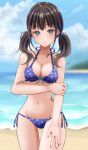  1girl beach bikini black_hair blue_bikini blue_sky blurry blurry_background breasts cleavage cloud commentary_request day glaring gucchi_(gucchi_zuizui) highres horizon inoue_takina jitome long_hair lowleg lowleg_bikini lycoris_recoil medium_breasts ocean outdoors polka_dot polka_dot_bikini purple_eyes side-tie_bikini_bottom sky solo swimsuit twintails 