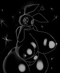  &lt;3 anthro big_breasts black_body black_nipples black_skin breasts ears_up female fists_together genitals hi_res humanoid lagomorph leporid looking_aside looking_at_viewer mammal nipples open_mouth pussy rabbit slightly_chubby solo tharandomu vib-ribbon vibri white_line_art white_lines wide_hips 