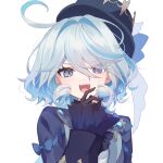  1girl antenna_hair ascot black_gloves blue_ascot blue_bow blue_brooch blue_coat blue_eyes blue_hair blue_headwear bow bright_pupils coat coat_bow dot_nose furina_(genshin_impact) furrowed_brow genshin_impact gloves hair_intakes hand_up hat heterochromia highres light_blue_hair long_hair long_sleeves looking_at_viewer mismatched_pupils mochizuki_mochi multicolored_hair ojou-sama_pose open_clothes open_coat open_mouth shirt short_shorts shorts simple_background smile smug solo teeth top_hat two-tone_hair upper_body upper_teeth_only v-shaped_eyebrows very_long_hair wavy_hair wavy_mouth white_background white_gloves white_pupils white_shirt white_shorts 