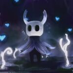  1other black_skin blank_eyes blue_cloak byte_(grunty-hag1) cloak colored_skin commentary_request full_body glowing hollow_eyes hollow_knight knight_(hollow_knight) nail_(hollow_knight) no_mouth other_focus solo standing weapon weapon_on_back 
