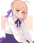  1girl ahoge artoria_pendragon_(fate) black_pantyhose blonde_hair blue_ribbon blue_skirt blush braid breasts collar collared_shirt fate/grand_order fate/stay_night fate_(series) flower french_braid green_eyes hair_between_eyes hair_bun hair_ribbon highres long_sleeves looking_at_viewer medium_breasts medium_hair open_mouth pantyhose pink_flower ribbon saber shadow shirt sidelocks simple_background sitting skirt solo uxco0 white_shirt 