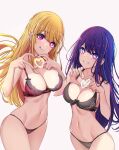  2girls :q black_bra black_panties blonde_hair blush bra breasts cleavage closed_mouth commentary heart heart_hands highres hoshino_ai_(oshi_no_ko) hoshino_ruby large_breasts long_hair looking_at_viewer multiple_girls navel oshi_no_ko panties parted_lips purple_bra purple_eyes purple_hair purple_panties sherryqq simple_background smile stomach symbol-shaped_pupils thighs tongue tongue_out underwear 