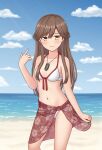  1girl alternate_costume arashio_(kancolle) beach bikini blue_sky brown_eyes brown_hair cloud day feet_out_of_frame floral_print front-tie_bikini_top front-tie_top highres horizon index_finger_raised jewelry kantai_collection konato_k long_hair necklace ocean outdoors red_sarong sarong sky solo standing swimsuit white_bikini 