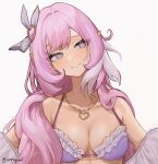  1girl alternate_costume bunnyoki collarbone elysia_(herrscher_of_human:ego)_(honkai_impact) elysia_(honkai_impact) english_commentary heart highres honkai_(series) honkai_impact_3rd light_blush long_hair looking_to_the_side medium_hair pink_eyes pink_hair pointy_ears simple_background smile solo twitter_username white_background white_headwear 