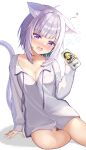  1girl :d absurdres arm_support beer_can blush breasts can commentary drunk fang highres holding holding_can hololive long_sleeves looking_at_viewer medium_breasts naked_shirt nekomata_okayu open_mouth partially_unbuttoned purple_eyes purple_hair rappi shirt short_hair sitting smile virtual_youtuber white_shirt 