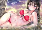  1girl bangs bare_arms bikini black_eyes black_hair blush breasts closed_mouth cloud collarbone commentary_request evening highres large_breasts long_hair lying navel nose_blush ocean ogata_tei on_side original outdoors partially_submerged red_bikini sky solo sunset swimsuit underboob wet 