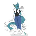 anthro blue_eyes bottomwear casual_clothing clothing fenril_(spicy_flakes) frost_jeckals_(huf13) hi_res male neck_tuft pants shirt simple_background skull_bunz_official solo tail tail_tuft topwear tuft white_background 