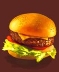  brown_background burger cheese enonnbo food food_focus hair_bun lettuce meat no_humans original shadow simple_background still_life tomato tomato_slice 